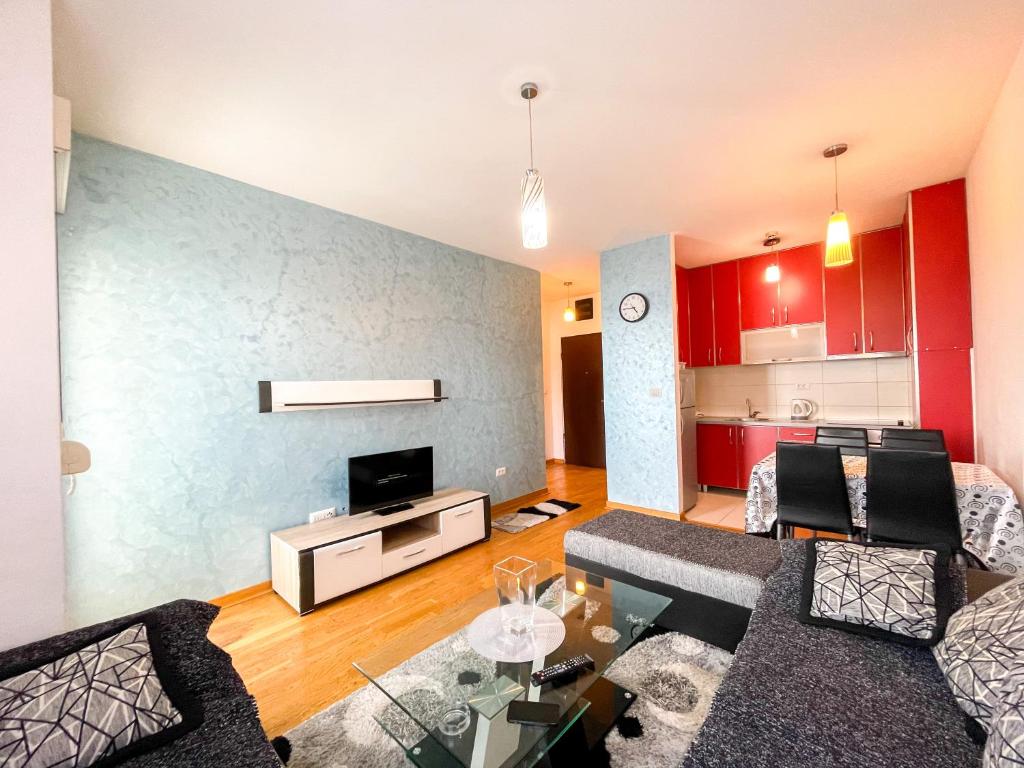ein Wohnzimmer mit einem Sofa und einem Tisch in der Unterkunft 1-bedroom apartment in urban area in Podgorica