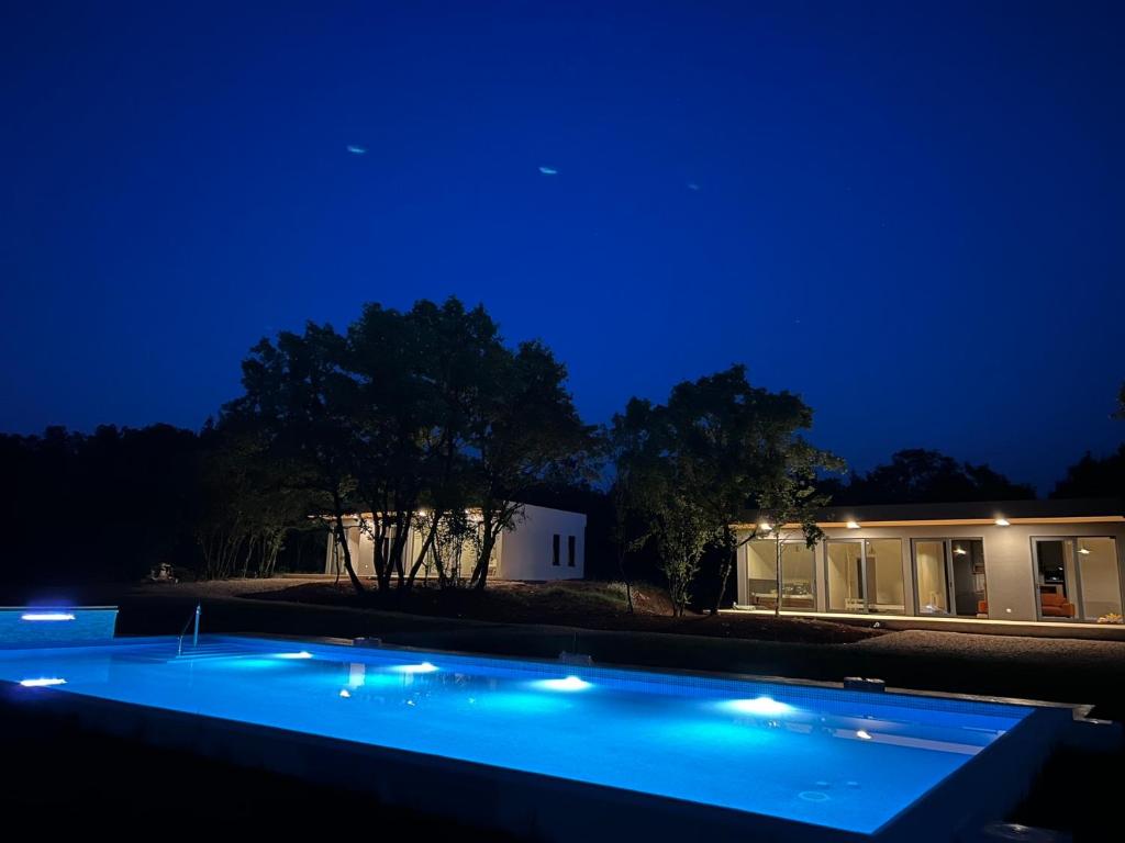 a swimming pool in front of a house at night at KOKO VILLAGE in Podgorica