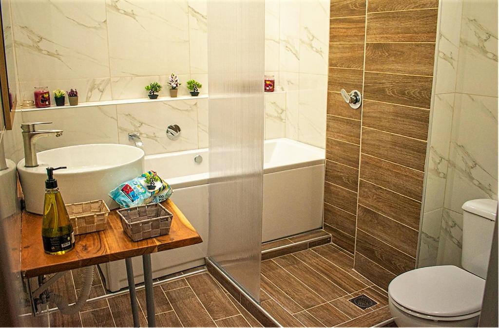 y baño con lavabo, aseo y ducha. en AyaSofiA Suite HOT TUB- JAKUZZI, balcons 2 rooms and 1 luxury Studio, en Tesalónica