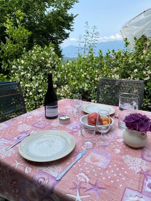 uma mesa com uma garrafa de vinho e pratos de comida em Appartamento di vacanza tra i vigneti 