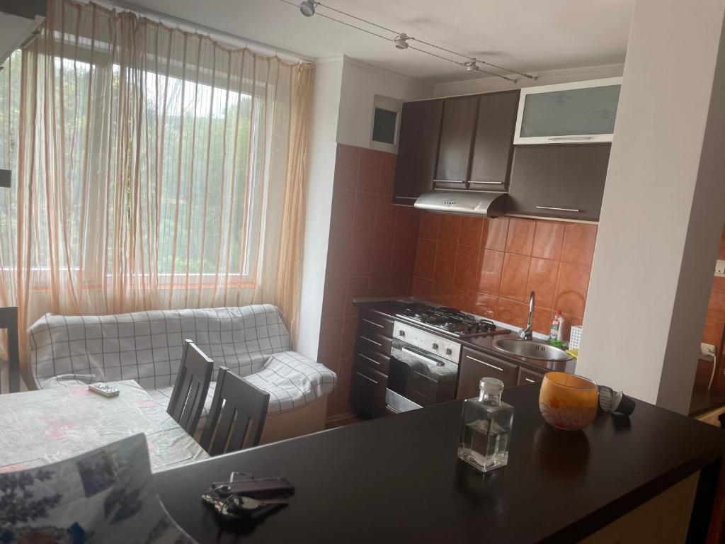 eine Küche mit einem Tisch und eine Küche mit einem Sofa in der Unterkunft Sara House in Târgu Mureș