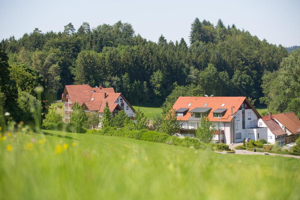 um grupo de casas numa colina com um campo verde em Hotel Jägerhaus em Meckenbeuren