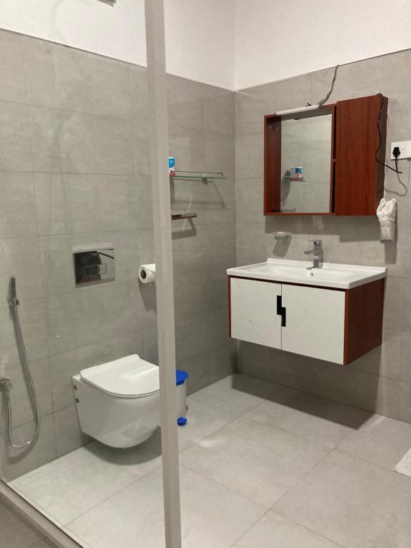 un bagno con un water, un lavandino e uno specchio di The View Hotel Sigiriya a Sigiriya