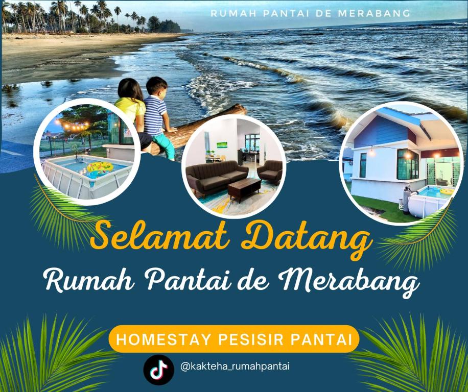 een flyer van een strand met twee kinderen die in het water spelen bij Rumah Pantai de Merabang (bungalow with pool) in Bachok