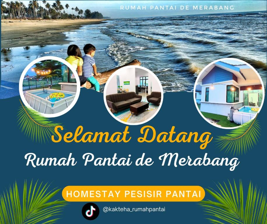 un flyer d'une plage avec deux enfants jouant dans l'eau dans l'établissement Rumah Pantai de Merabang (bungalow with pool), à Bachok