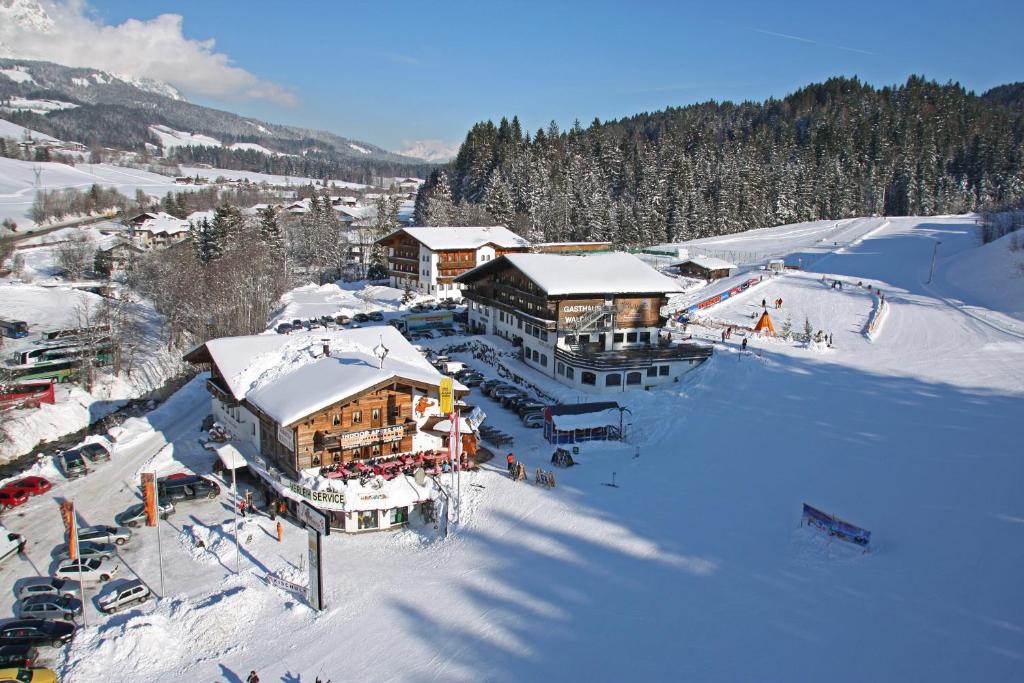 シェッファウ・アム・ヴィルデン・カイザーにあるDer Waldhofの雪上スキー場の空中ビュー
