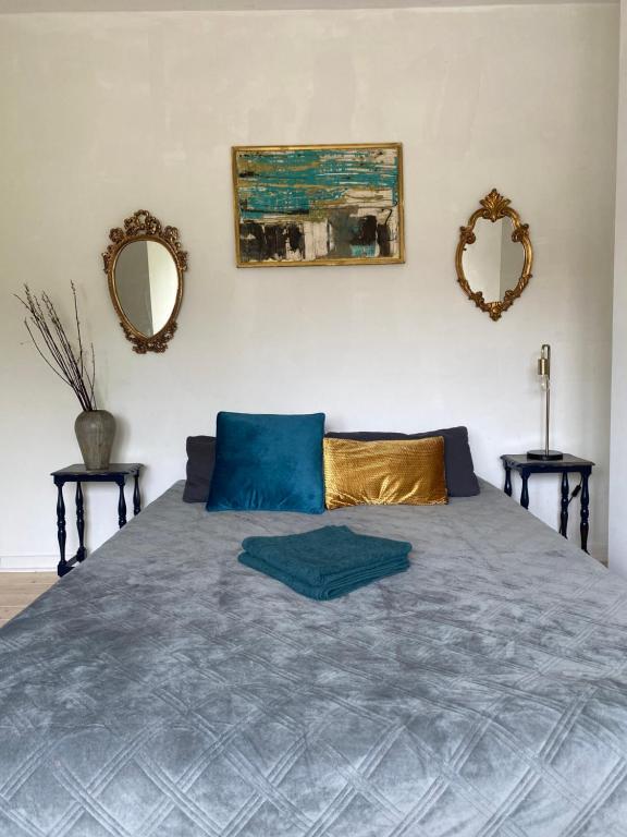 聖馬騰斯拉特姆的住宿－Cozy appartaments in green area，卧室配有一张床铺,墙上挂有两面镜子