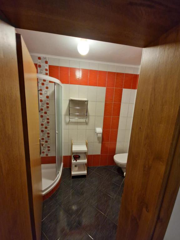a small bathroom with a toilet and a shower at Guest house Wolf II in Plitvička Jezera