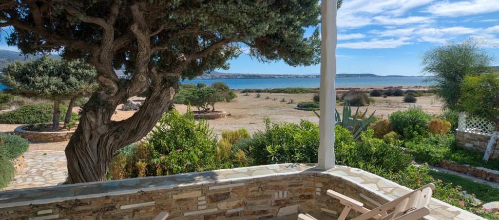 a view from the porch of a house with a tree at Glaros Studios Apartments in Antiparos