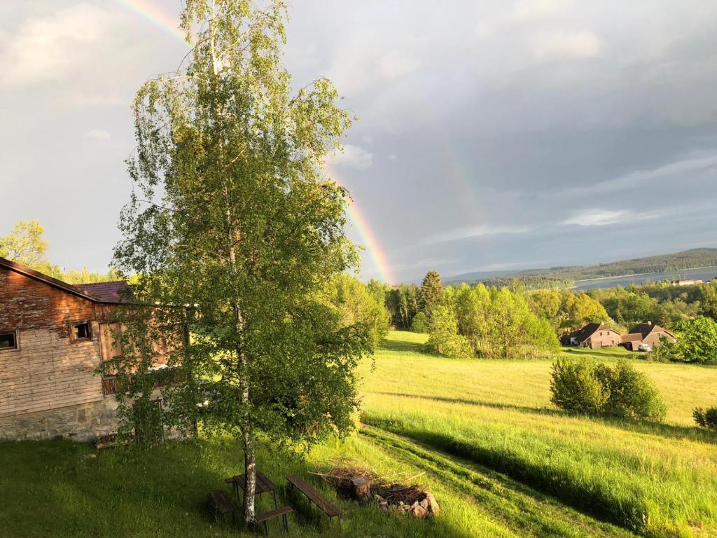 un arco iris sobre un campo con un árbol y una casa en Gemütliches Blockhaus am Moldaustausee, en Horní Planá