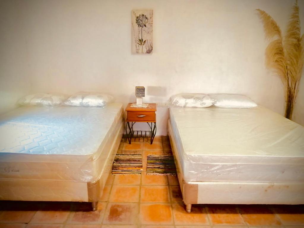 two beds sitting next to each other in a room at Quinta Coki in Pirayú