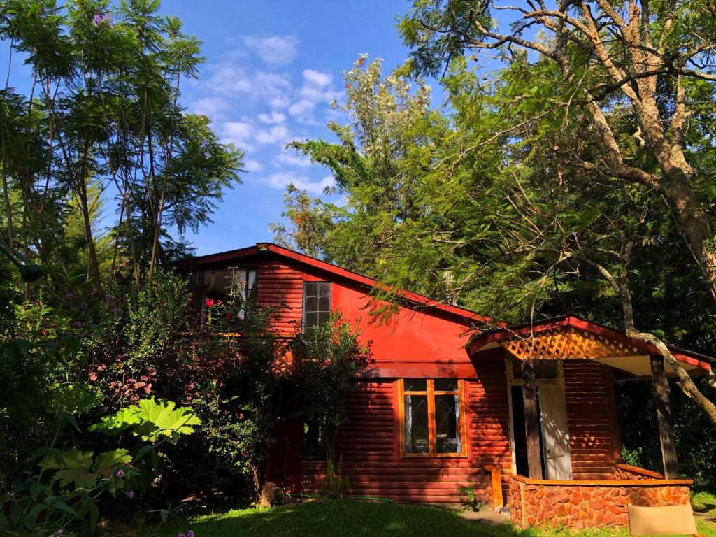 a small red house in the middle of trees at The Murana Chalet in Nanyuki