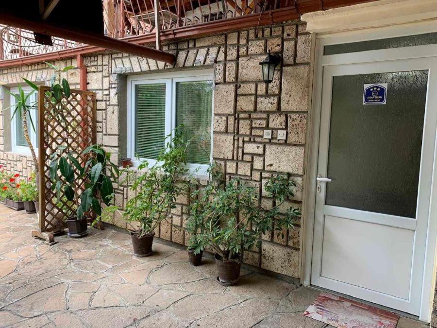 a brick building with potted plants next to a door at Apartman K&K in Pirot