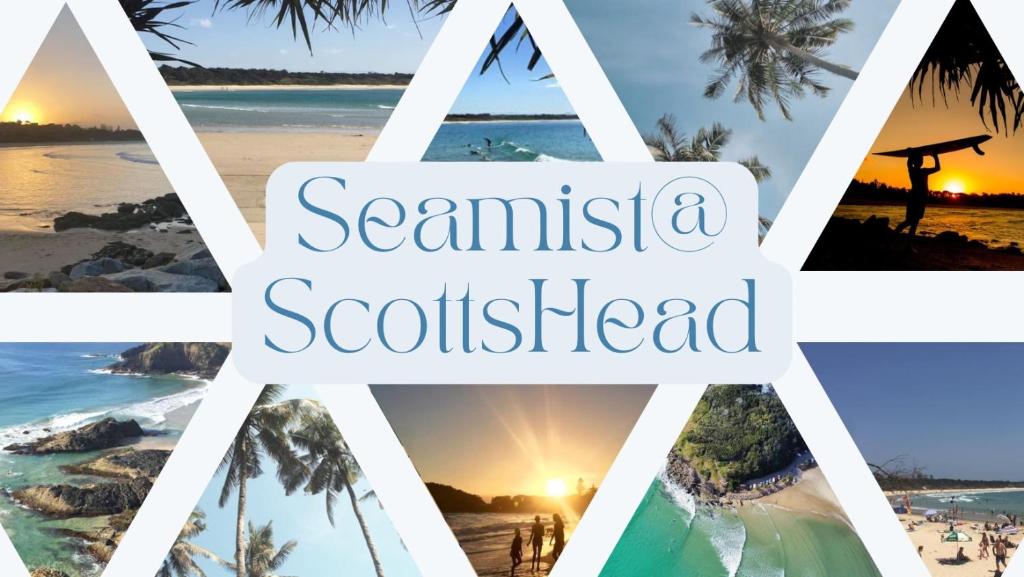 a collage of pictures of a beach with the words savini scotland at Seamist @ Scotts Head in Scotts Head