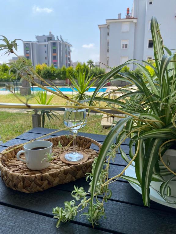 a tray with a wine glass and a cup on a table at Serenity Apart in Antalya