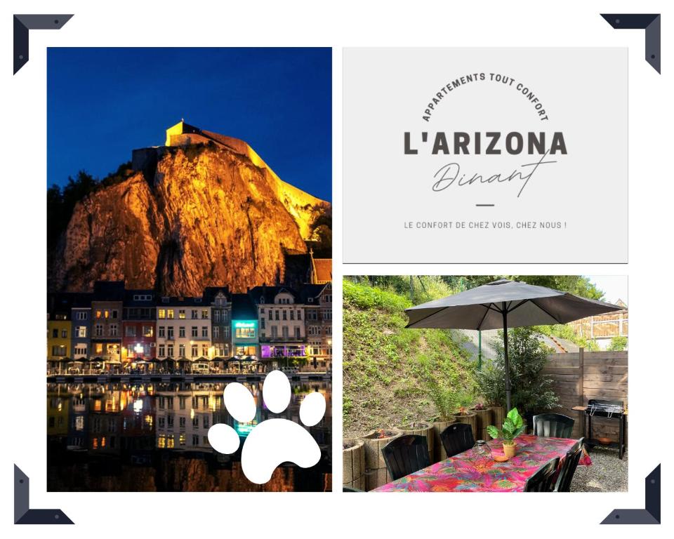 a collage of two pictures of a city and a table with an umbrella at L'ARIZONA Dinant - Appart Arizona, Studio Montana - Garden, Free Parking, Dog ok in Dinant