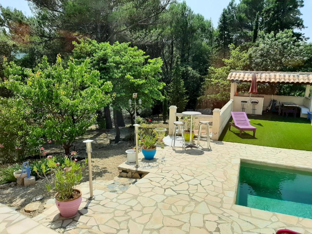 a backyard with a pool and some plants and trees at Villa de 2 chambres avec piscine privee jardin clos et wifi a Merindol in Mérindol