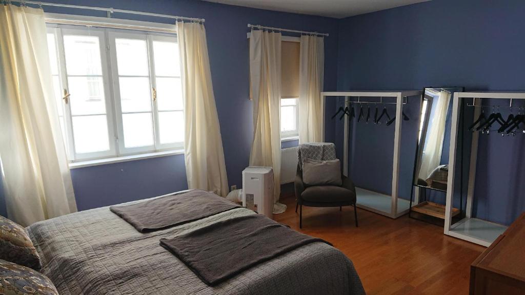 a bedroom with blue walls and a bed and a chair at Salzachblick in Salzburg