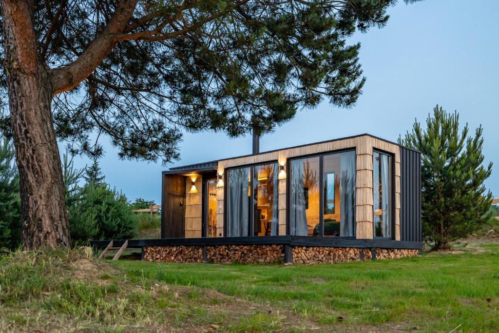 a house with glass walls and a tree at VyriY House 