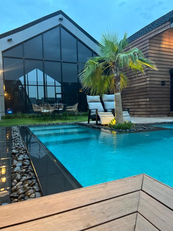 a swimming pool with a palm tree in front of a house at شاليه كوتج in Buraydah