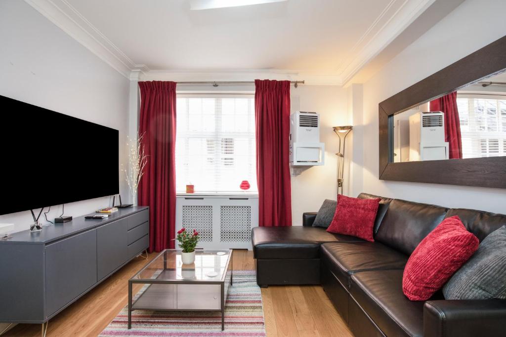 a living room with a leather couch and a flat screen tv at Modern Quiet 1 bed Flat -Mayfair in London