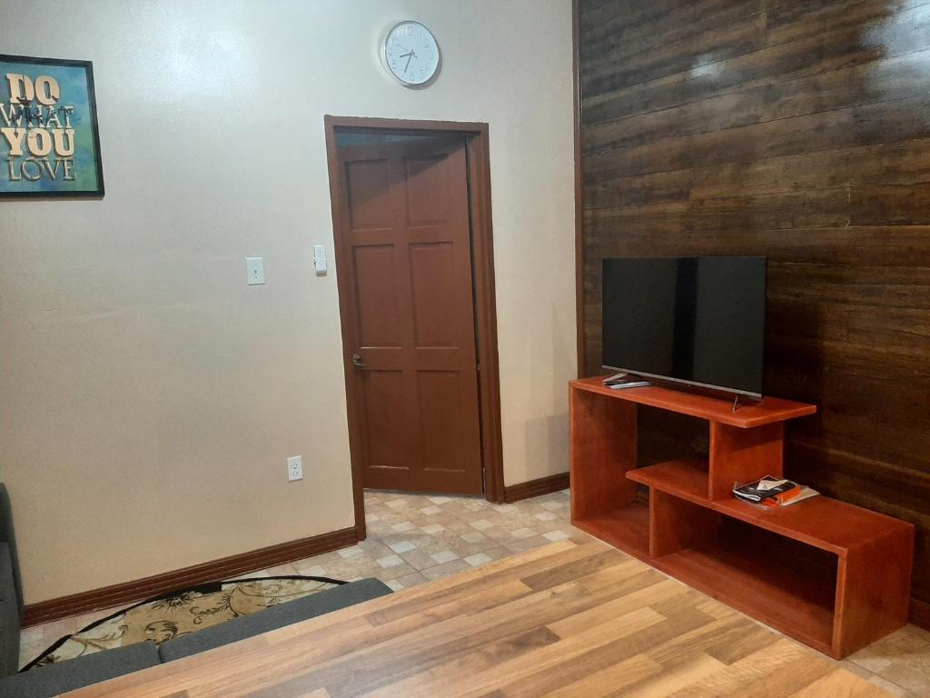 a living room with a tv and a wooden wall at JRS Apartments in Georgetown