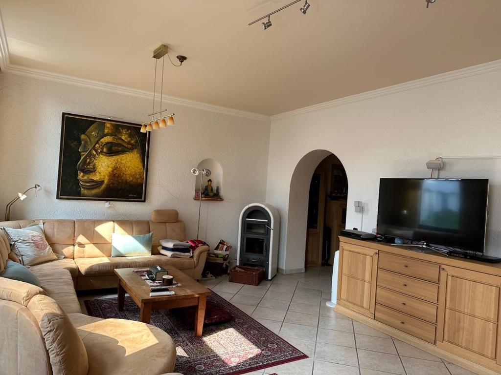 ein Wohnzimmer mit einem Sofa und einem Flachbild-TV in der Unterkunft Luxury Apartment near City Media Harbour in Düsseldorf