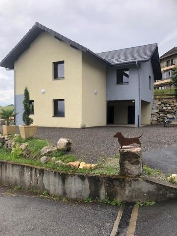 un chien debout devant une maison dans l'établissement Location appart 5 chambres, 5 SDB - TUAMOTU - 8 pers, au Bourget-du-Lac