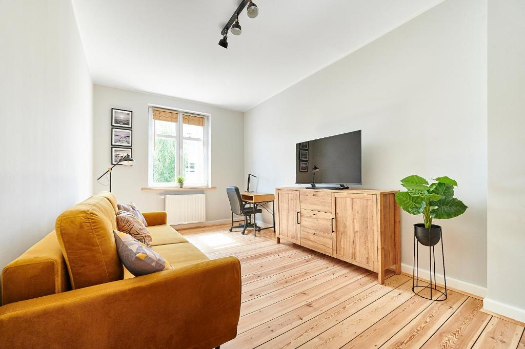 een woonkamer met een bank en een flatscreen-tv bij Apartament Drewno i Biel 54 M2 in Olsztyn