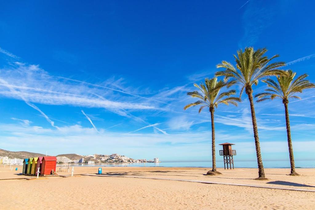 two palm trees on a beach with a blue sky at NUEVO, con vistas laterales al mar y a 60 metros de la playa in Cullera
