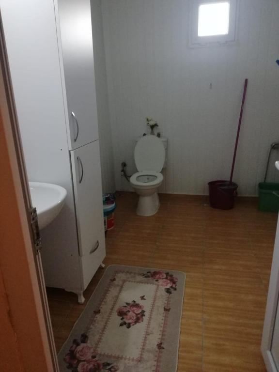a bathroom with a toilet and a sink and a rug at Frien Haus in Kumluca