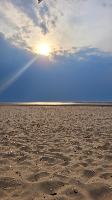 a sandy beach with a bird flying in the sky at Mill Lane in Wallasey