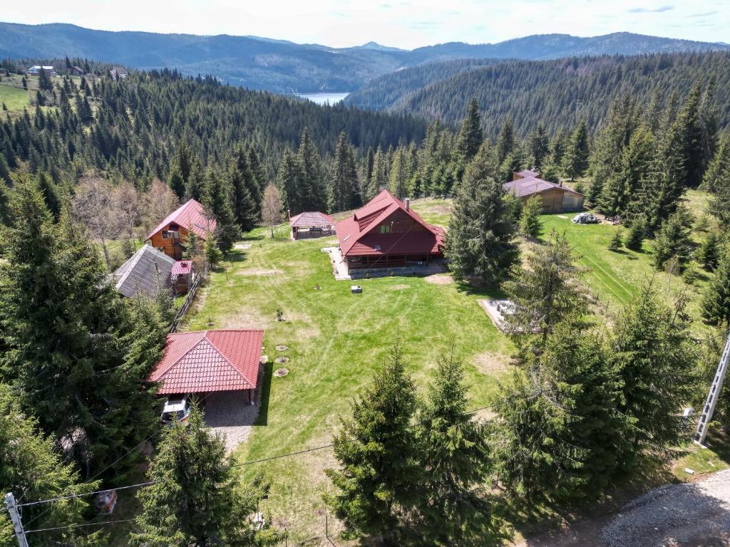 an aerial view of a farm with trees and buildings at Cabana Transilvania in Beliş