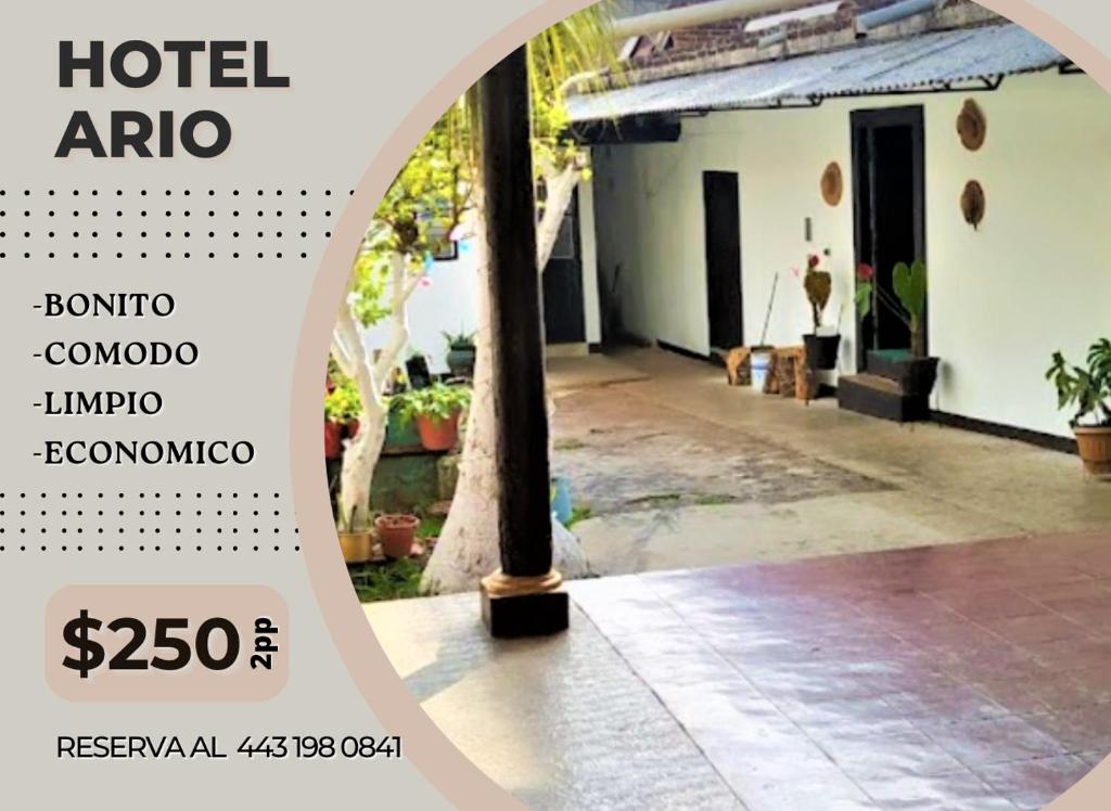 Hotel Ario في Ario de Rosales: ملصق للفندق فيه صورة لمبنى