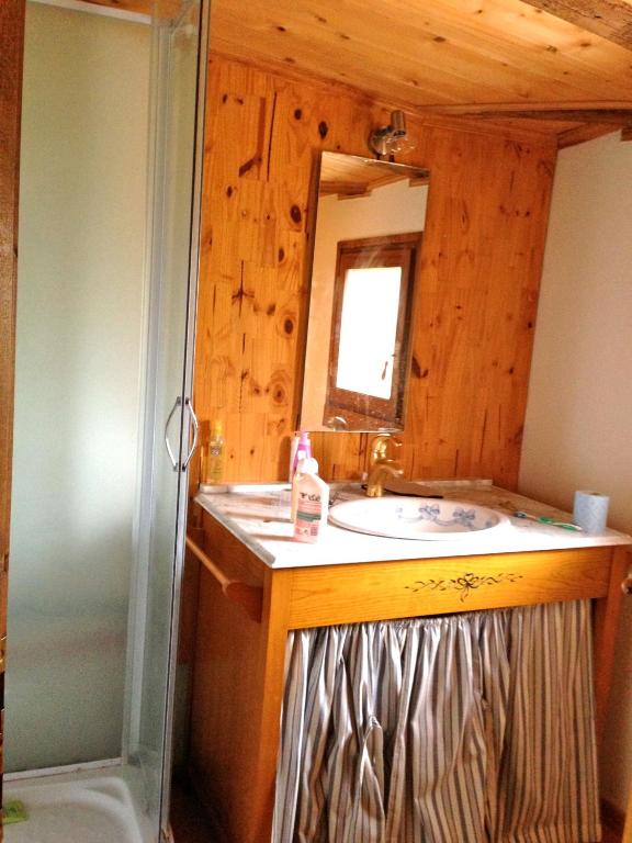 a bathroom with a shower and a sink and a mirror at L&#39;écrin - Chambres d&#39;hôtes au calme et au vert 