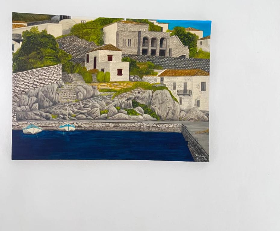 una pintura de una villa con piscina en Dear John, en Hydra