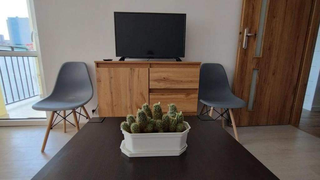 a living room with two chairs and a table and a tv at Słoneczne Centrum Apartament in Suwałki