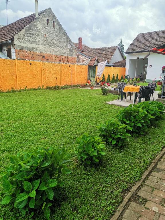 a garden with a table and chairs and a building at T.I.M. in Bela Crkva
