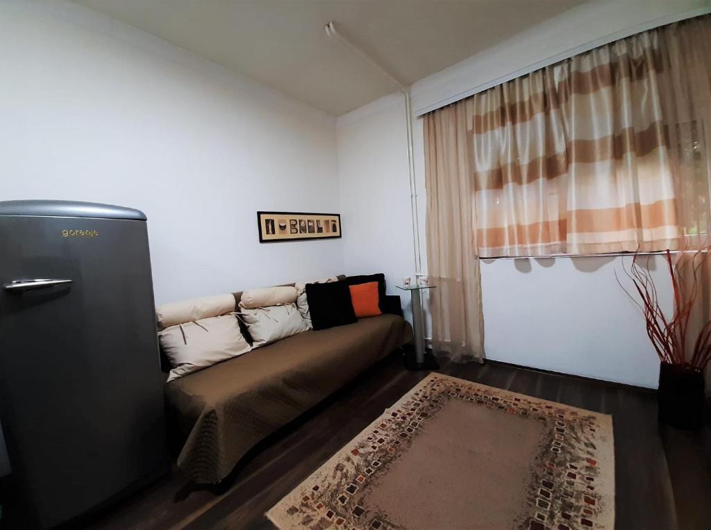 ein Wohnzimmer mit einem Sofa und einem Fenster in der Unterkunft Apartman Mima in Jagodina