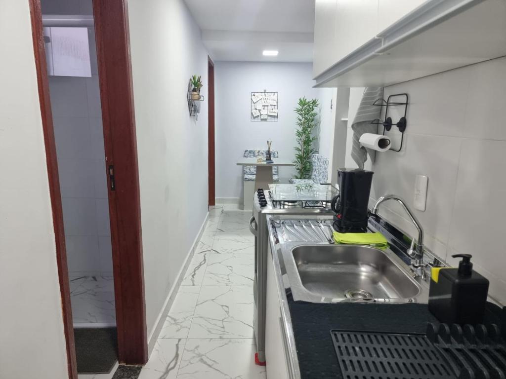 a small kitchen with a sink and a stove at Loft no Cond. Mata Atlântica in Volta Redonda