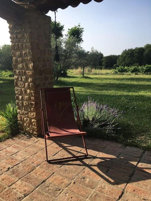 a pink chair sitting on a patio with a field at Gite des amis Domaine de Mas Caron in Caromb