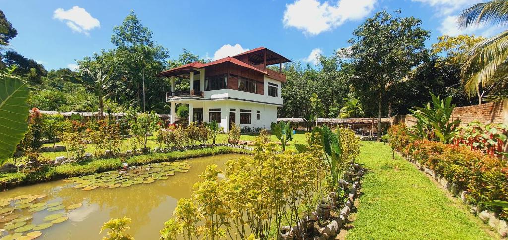 una casa con un estanque delante de ella en Villa Cheeky Monkeys, en Bukit Lawang