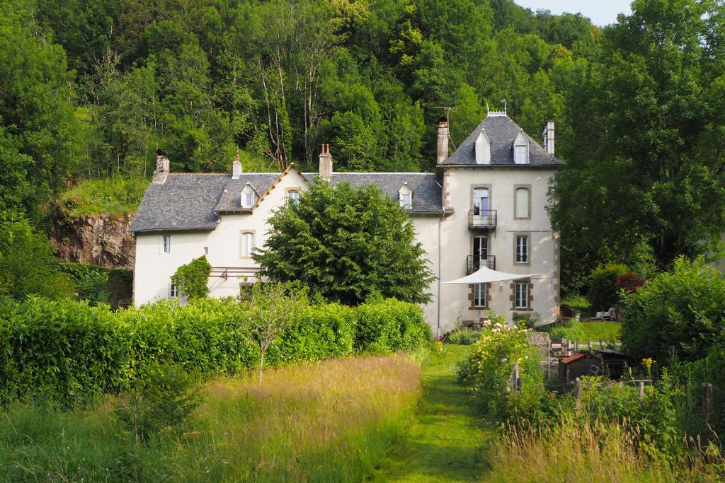 duży biały dom w środku lasu w obiekcie Domaine de la Jordanne - B&B w mieście Saint-Cirgues-de-Jordanne