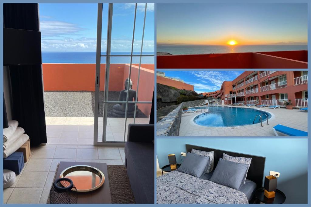 a collage of photos of a hotel room with a pool at Besonderes Apartment mit einzigartigem Meerblick in Costa Calma