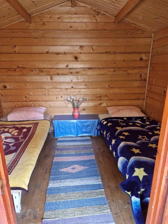 um quarto com duas camas num chalé de madeira em Casa Jan B. em Lorău