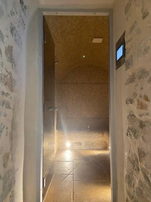 a hallway leading to a bathroom with a shower in a room at Gîte de la corgette in Saint-Romain