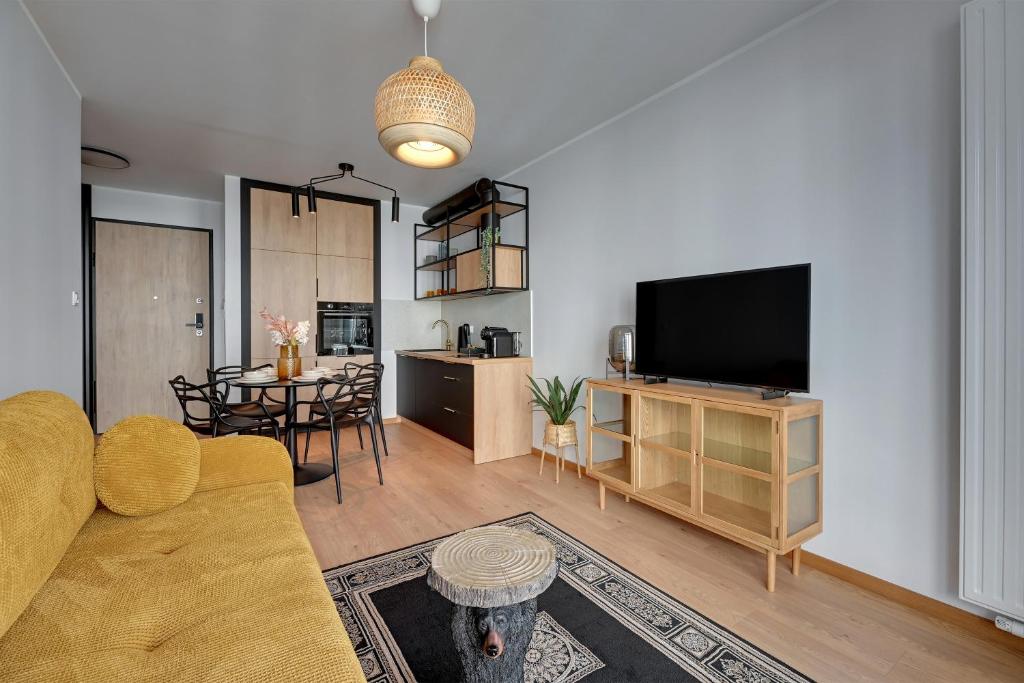 a living room with a couch and a television at Downtown Apartments Garnizon in Gdańsk