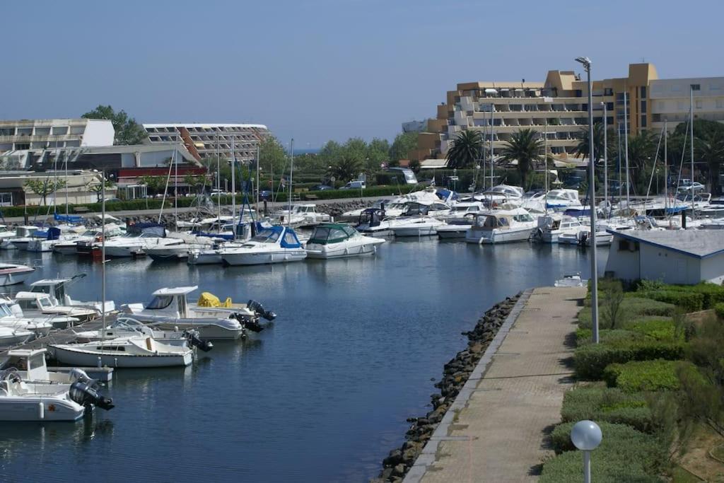 Un tas de bateaux sont amarrés dans un port de plaisance dans l'établissement Appart 152, Port Soleil au village naturiste, au Cap d'Agde