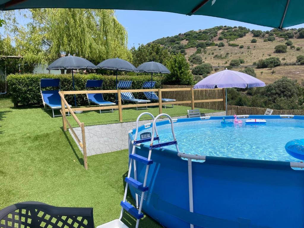 una piscina con sedie e ombrelloni in un cortile di Agriturismo Cugumia a Thiesi