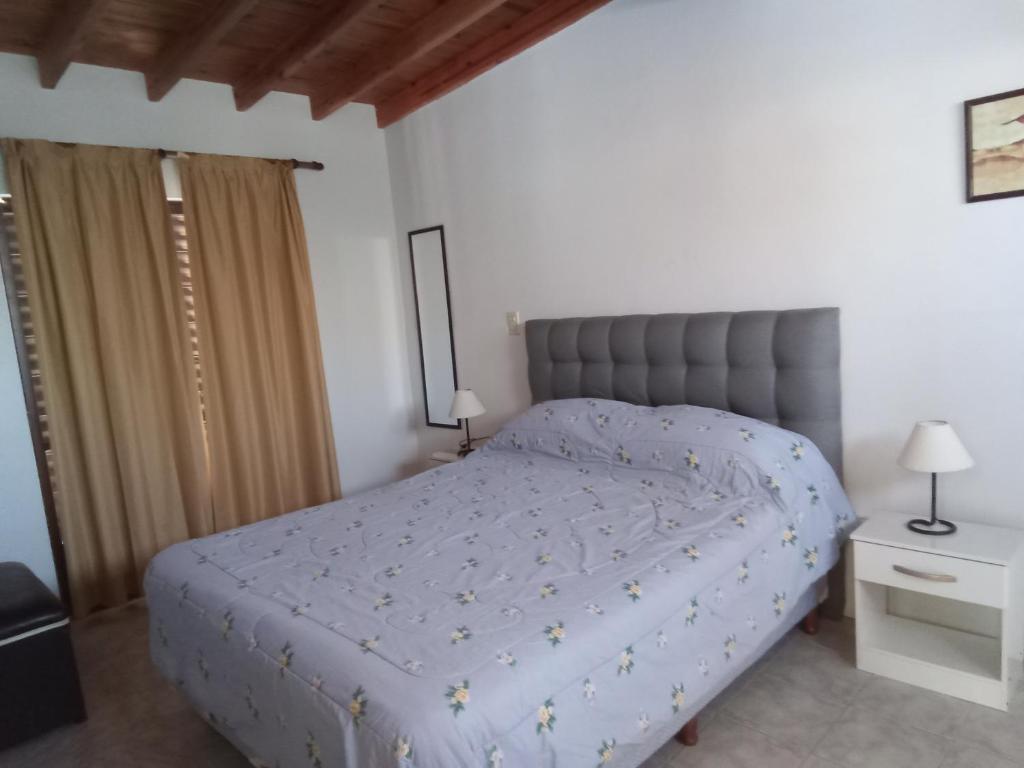 a bedroom with a bed with a blue comforter at complejo 25 de mayo in Guaymallen